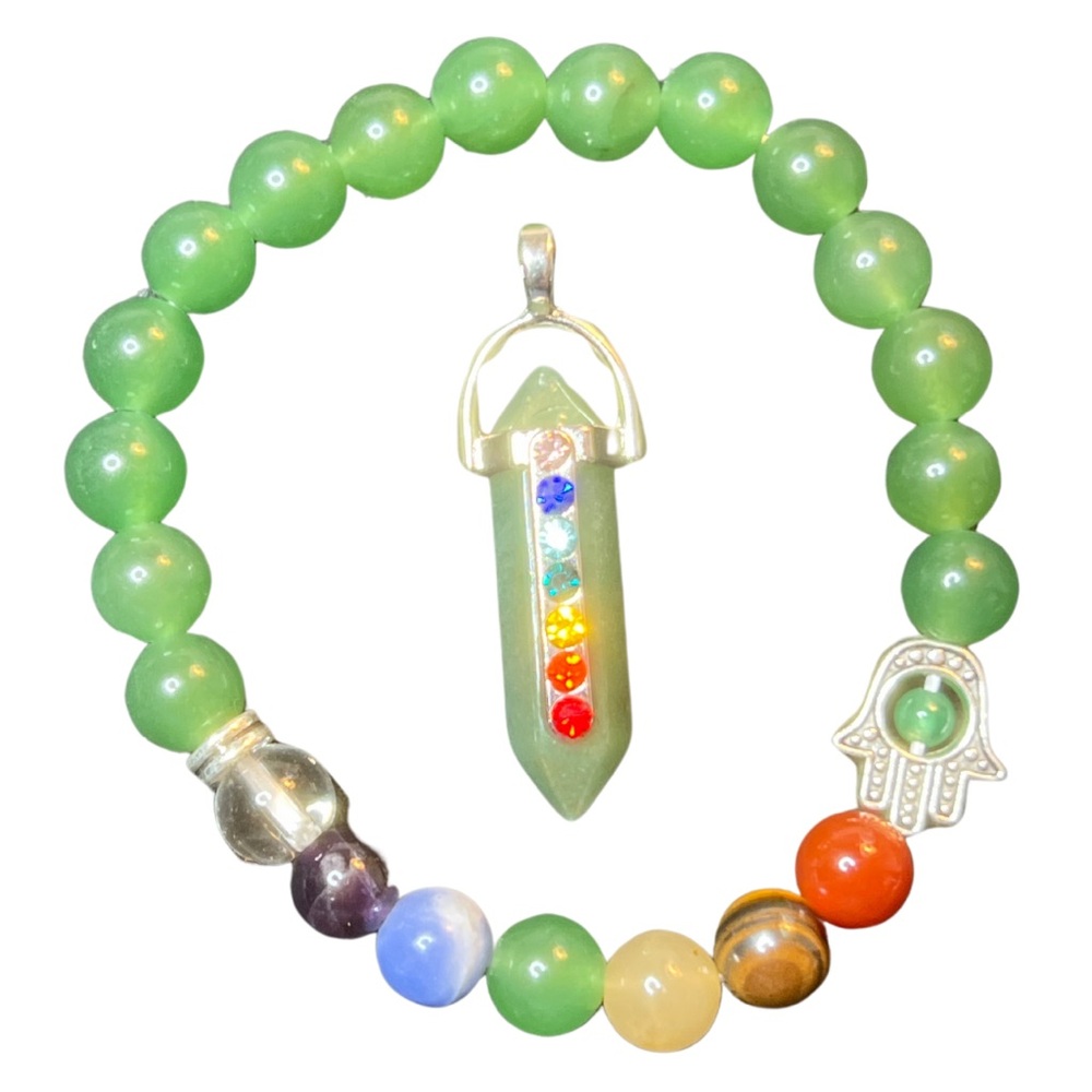 Jade Chakra Stretch Bracelet & Jade Chakra Pendant set in Silver tone